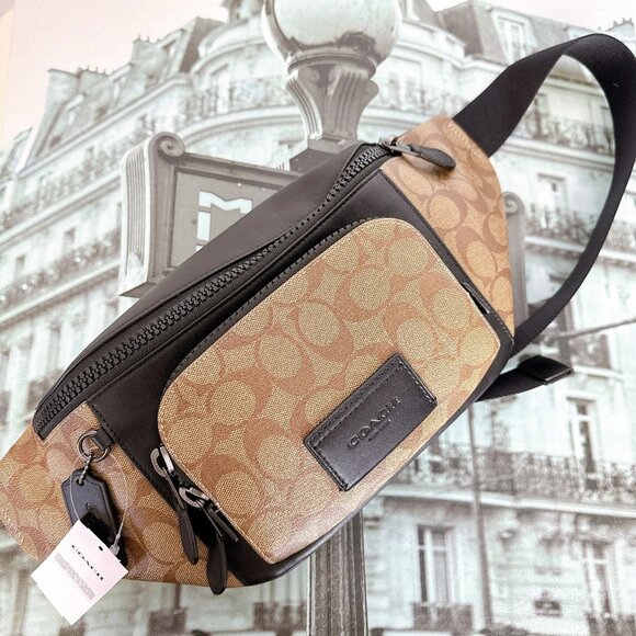 Coach C3765 Track Belt Bag In Signature Canvas IN Khaki Black - Picture 2 of 8